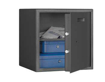 Format EINWURFTRESOR F2 in RAL 7024, graphitgrau / 45° Grad geöffnet / mit Dekoration