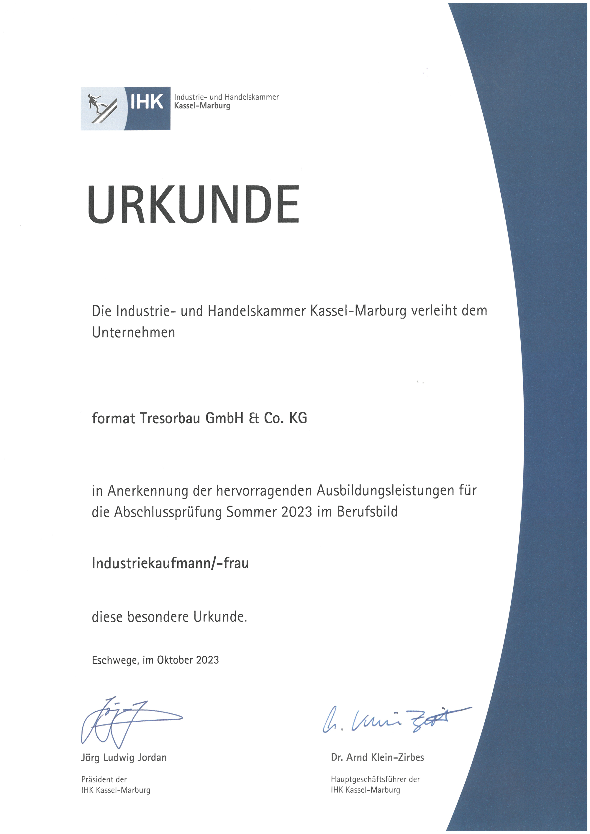 Format GmbH - Ausbildung - Urkunde der IHK Kassel-Marburg für hervorragende Ausbildungsleistungen