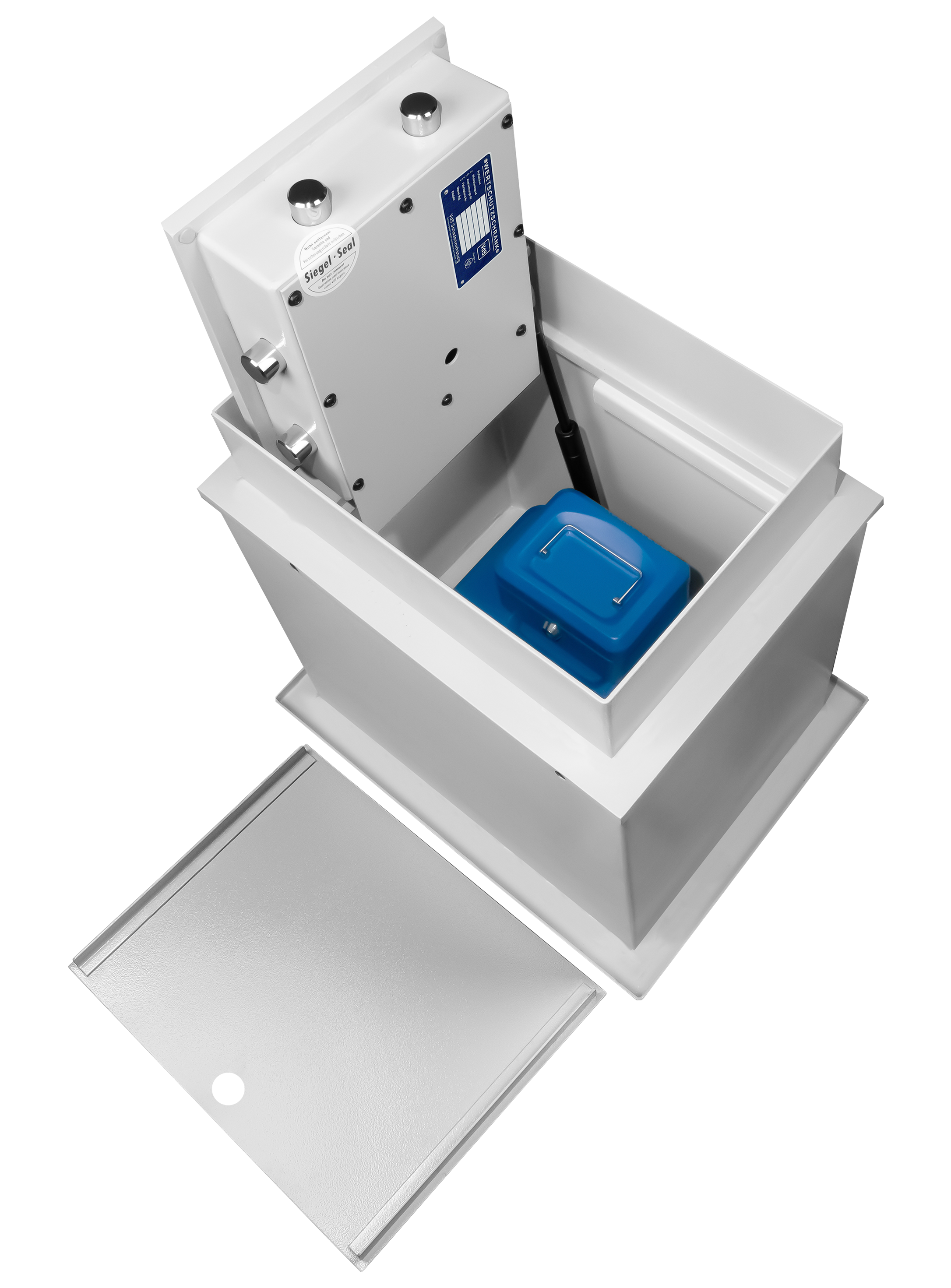 Format BT 100 in RAL 7035 lichtgrau / Abdeckplatte geöffnet und Tür 90° Grad geöffnet / mit Dekoration