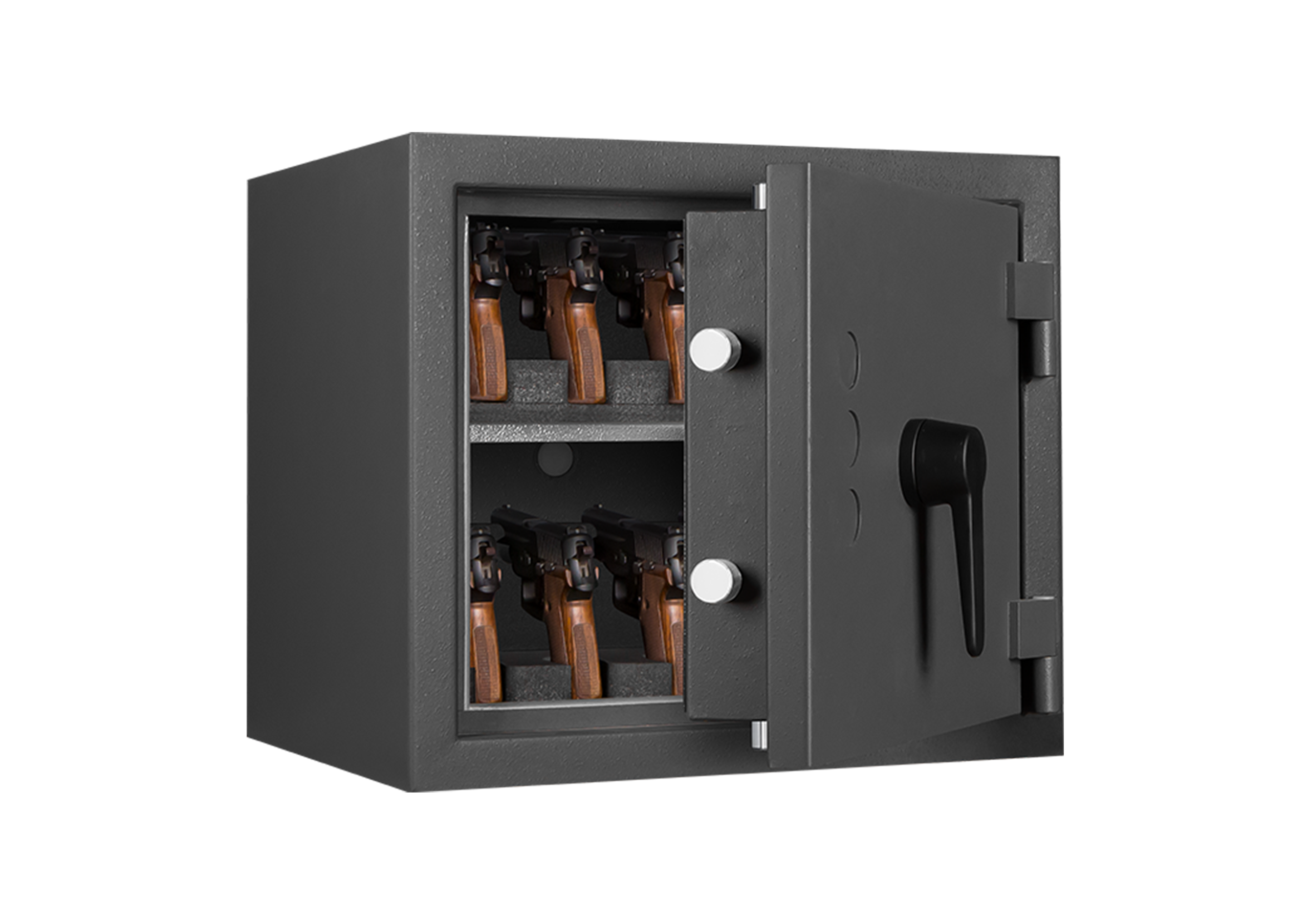 Format CERVO KWT (10 WH) in RAL 7024, graphitgrau / 45° Grad geöffnet / mit Dekoration