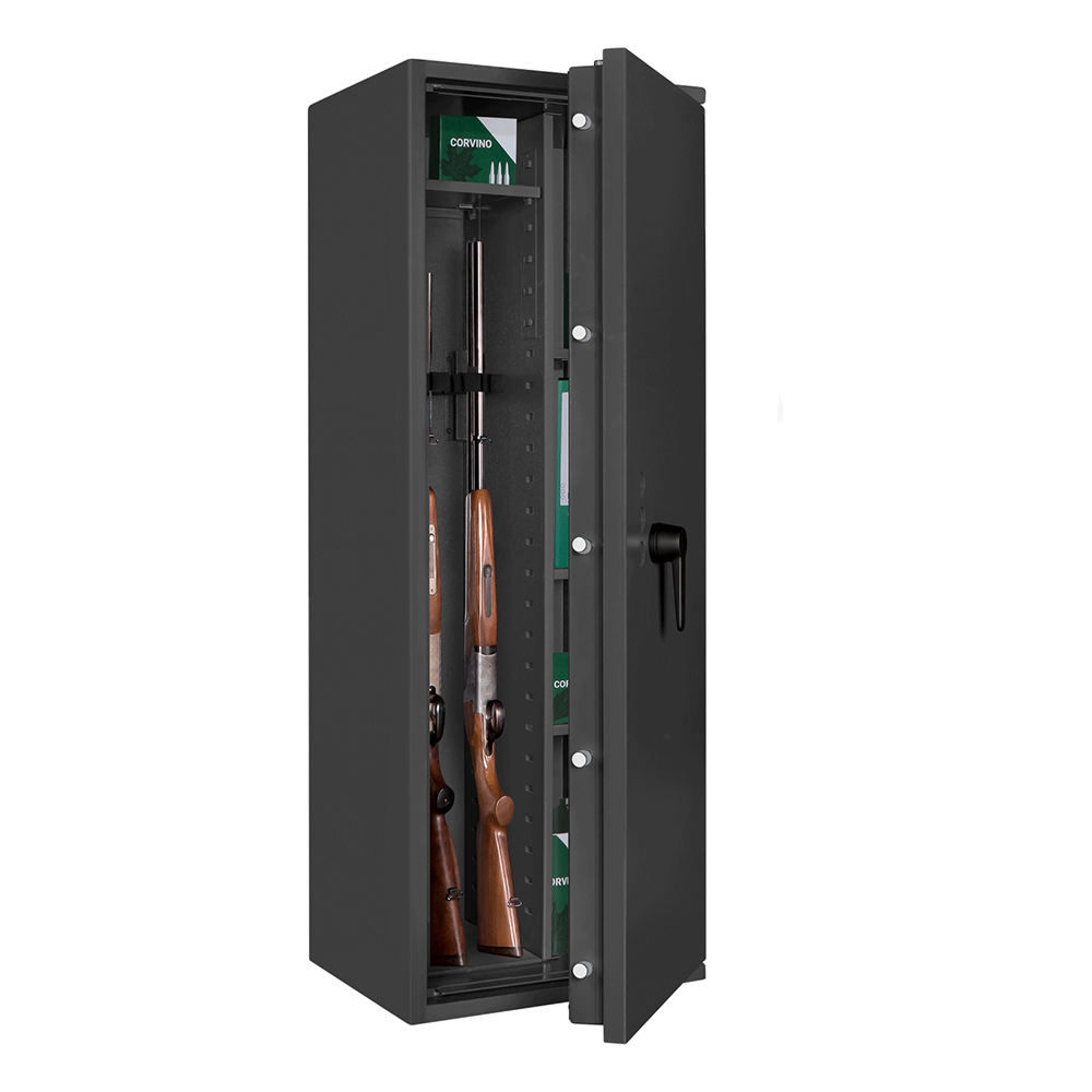 Format CORVINO 4005 in RAL 7024, graphitgrau / 45° Grad geöffnet / mit Dekoration