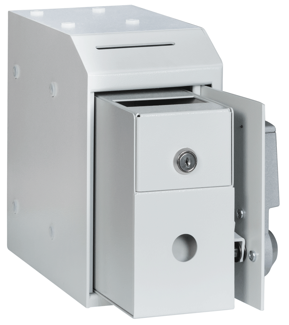 Format CASH Box mit Elektronikschloss in RAL 7035 lichtgrau / 90° geöffnet mit Auffangkassette