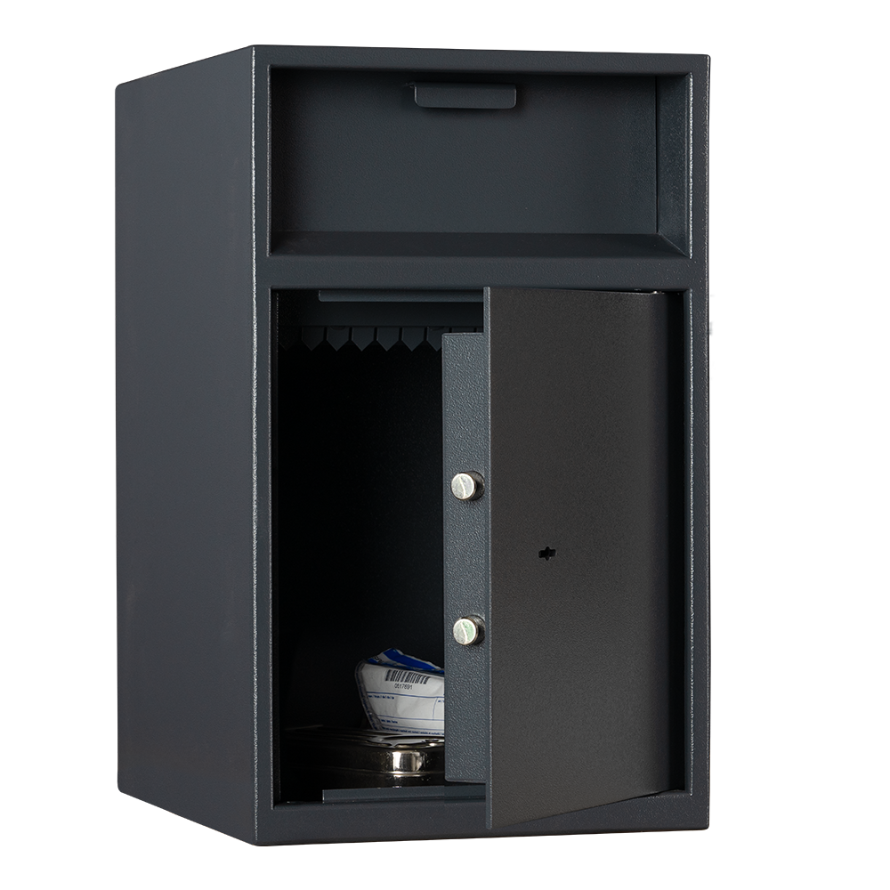 Format DINERO Plus 45 in RAL 7024, graphitgrau / 45° Grad geöffnet / mit Dekoration