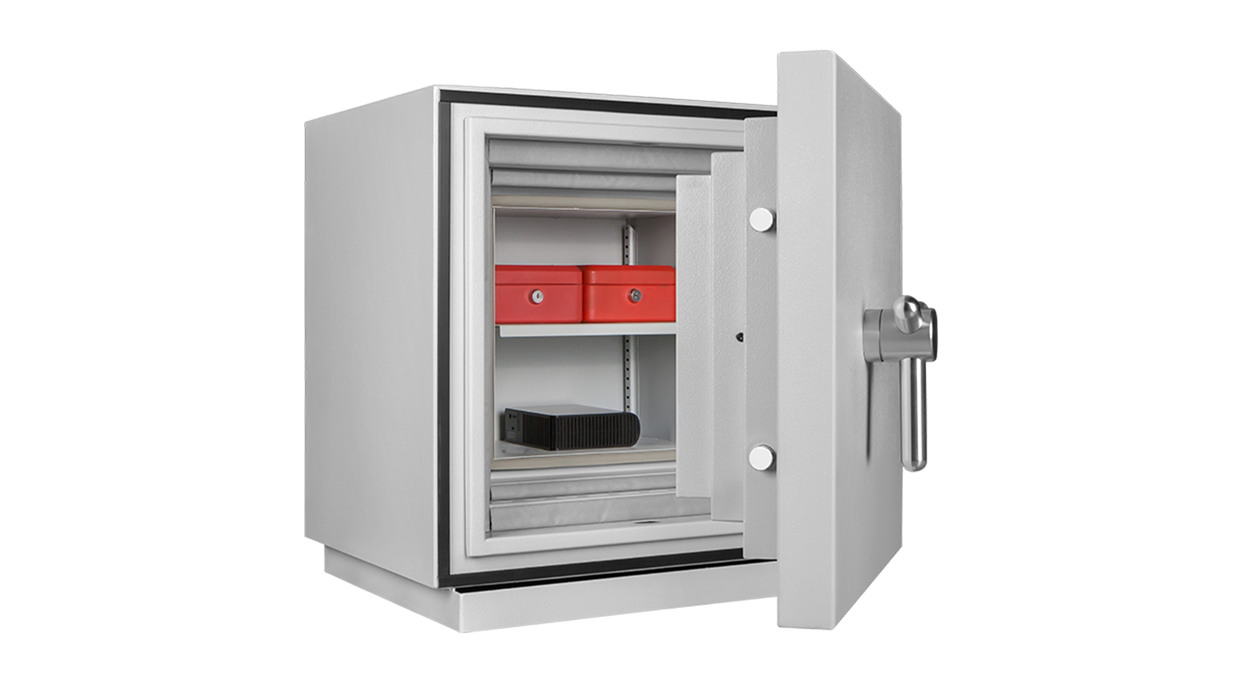 Format FIRE STAR 1 in RAL 7035, lichtgrau / 45° Grad geöffnet / mit Dekoration