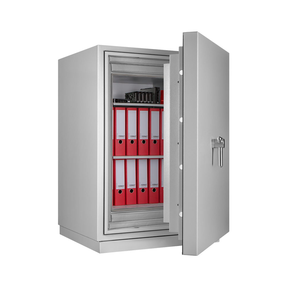 Format FIRE STAR Plus 3 in RAL 7035, lichtgrau / 45° Grad geöffnet / mit Dekoration