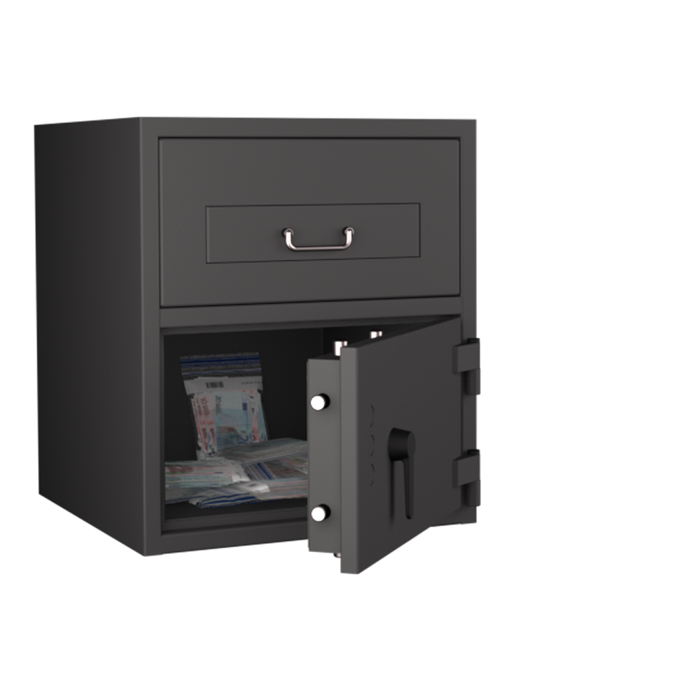 Format GEMINI Pro Deposit SL / 97 in RAL 7024, graphitgrau, 45° geöffnet mit Dekoration