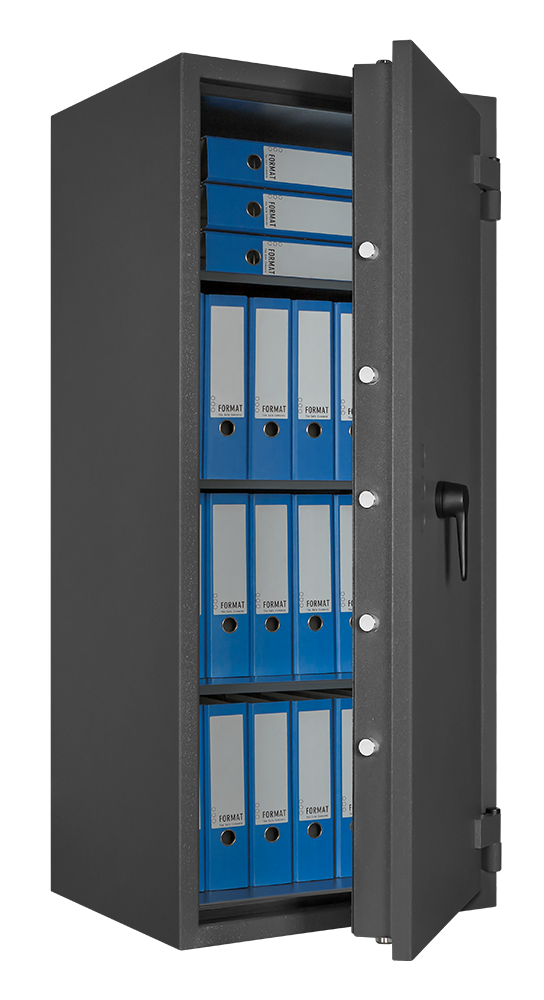 Format GEMINI Pro 55 in RAL 7024, graphitgrau / 45° geöffnet mit Dekoration