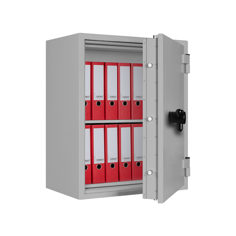 Format LAVA 2 in RAL 7035, lichtgrau / 45° Grad geöffnet / mit Dekoration