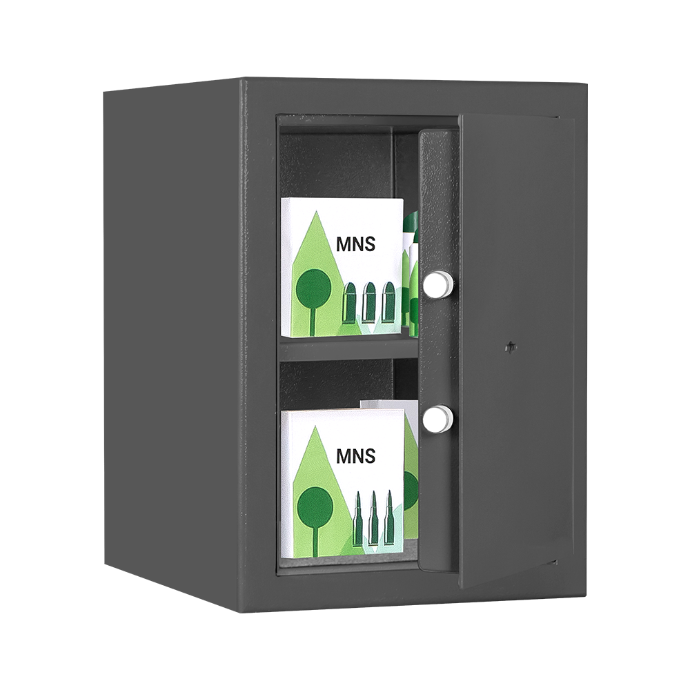 Format MNS 210 in RAL 7024, graphitgrau / 45° geöffnet / mit Dekoration