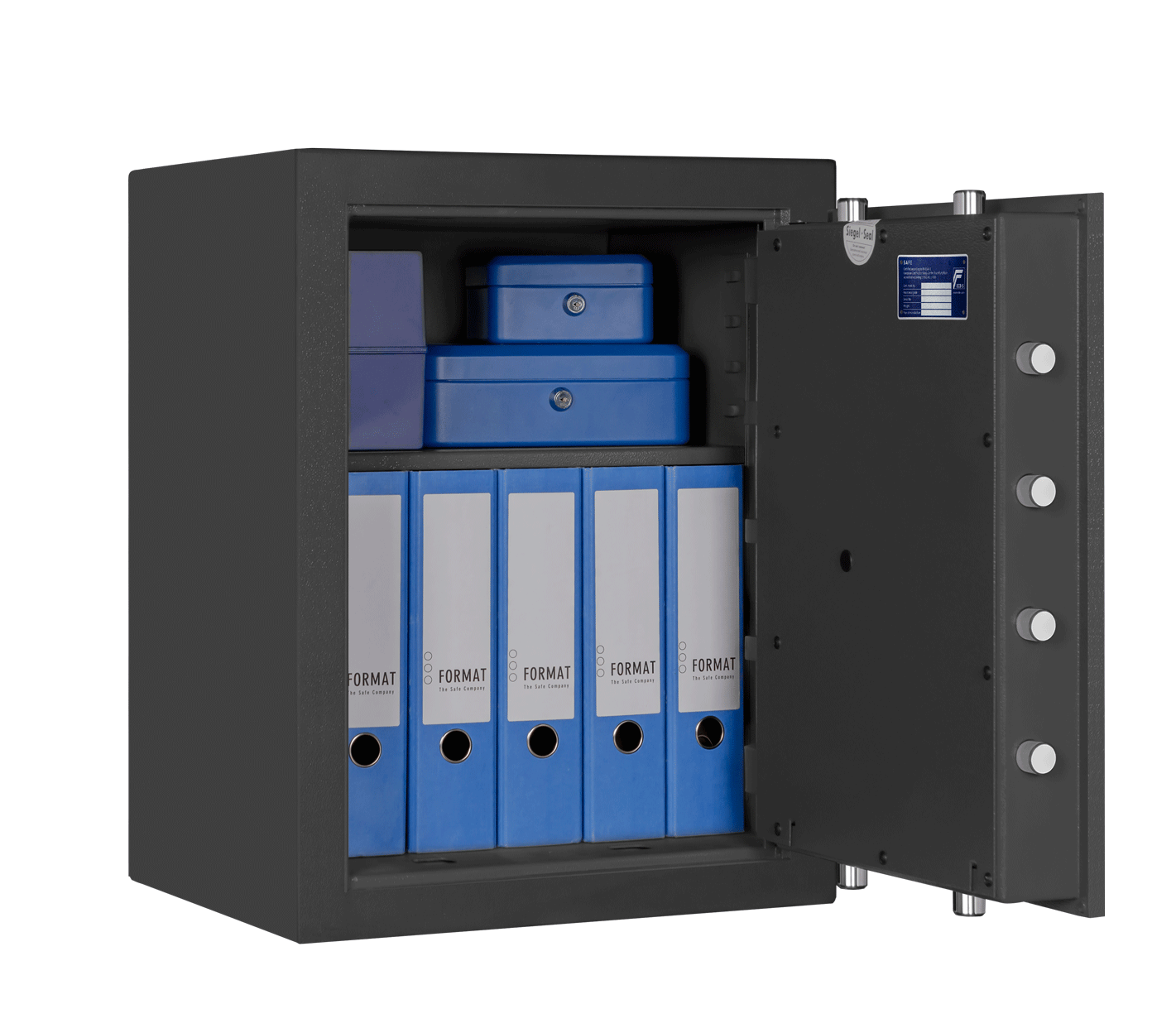 Format ORION 50-410 in RAL 7024, graphitgrau / 90° Grad geöffnet mit Dekoration