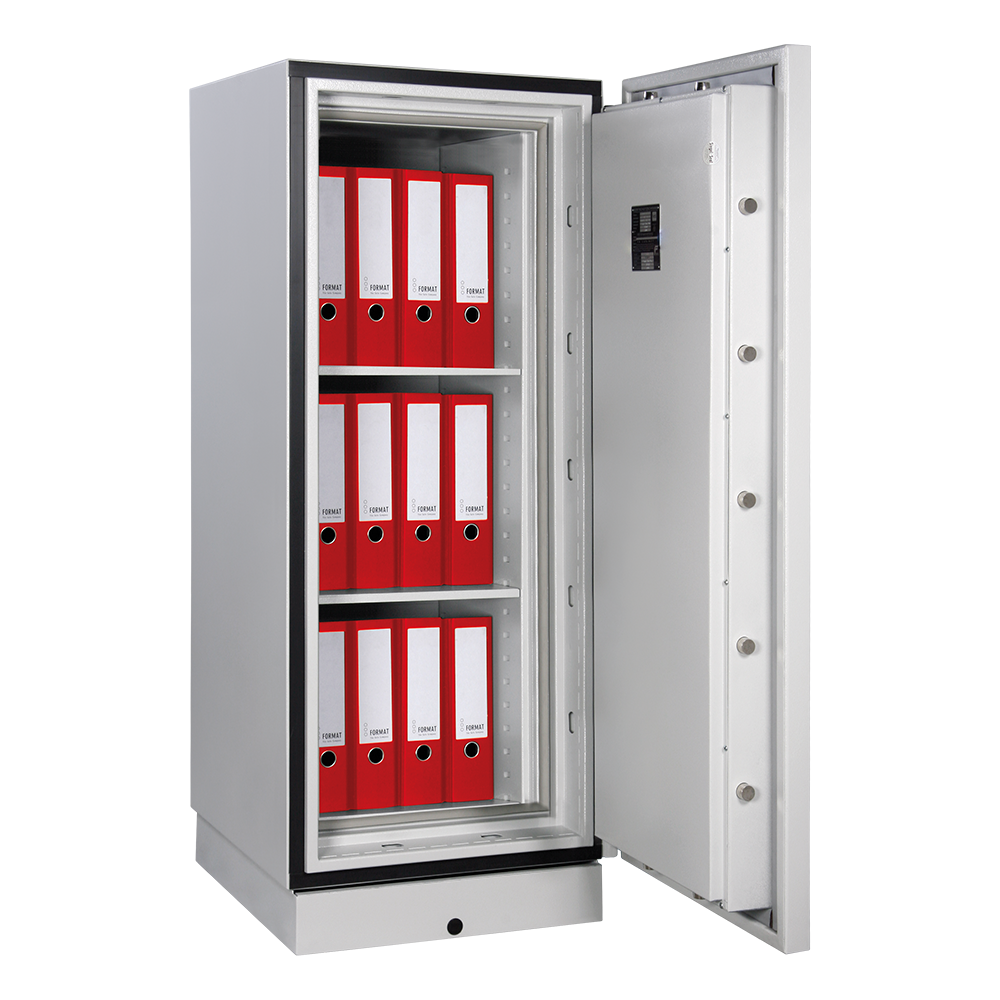 Format PAPER STAR Plus 3 in RAL 7035, lichtgrau / 90° Grad geöffnet / mit Dekoration