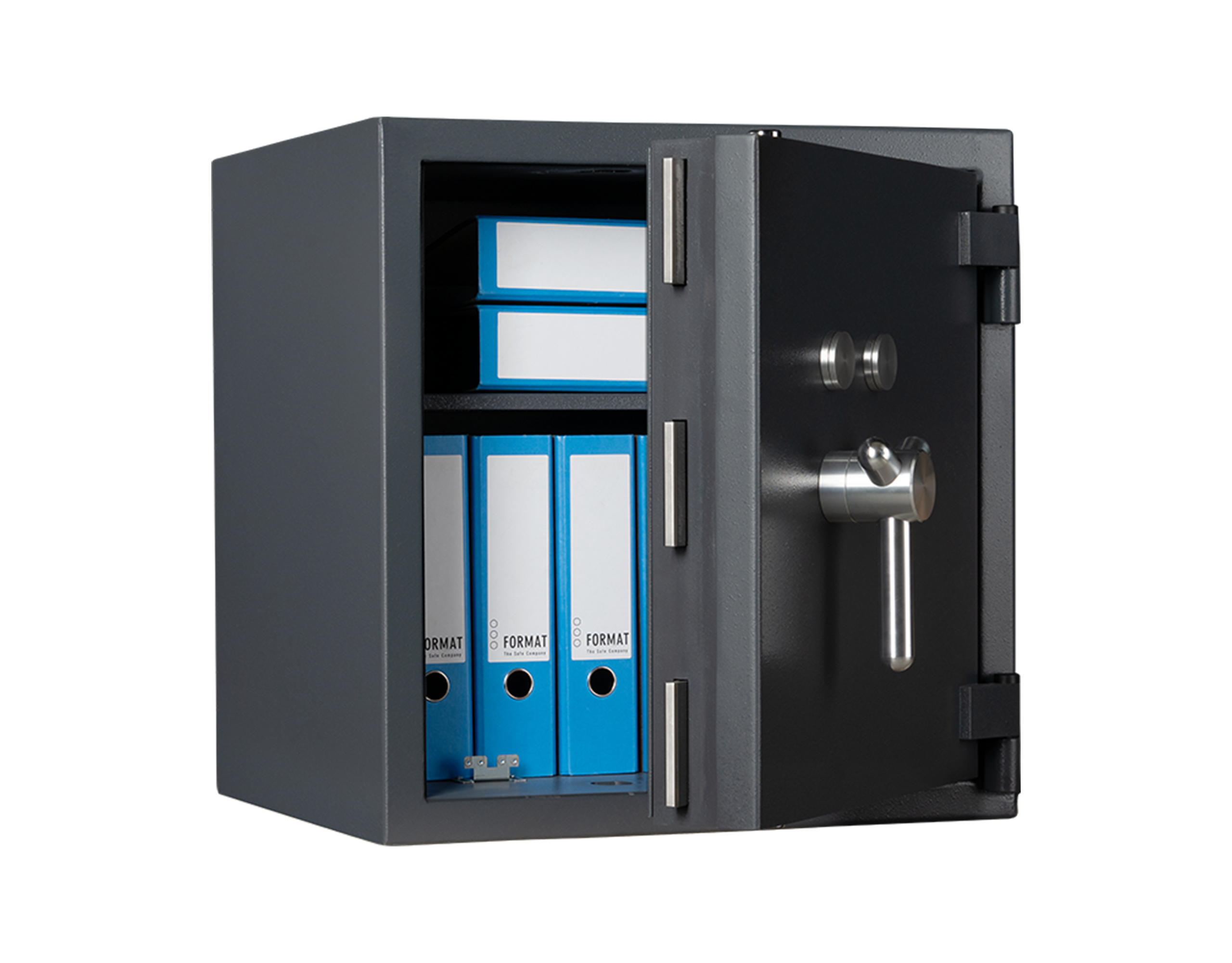 Format PEGASUS 120 in RAL 7024, graphitgrau / 45° Grad geöffnet mit Dekoration