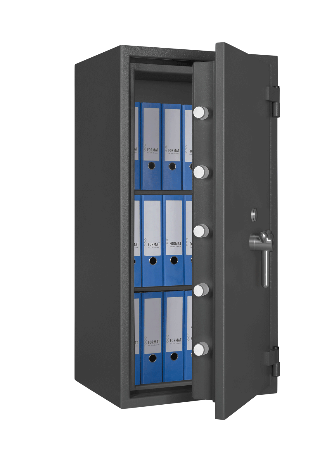 Format RUBIN Pro 40 in RAL 7024, graphitgrau / 45° Grad geöffnet mit Dekoration