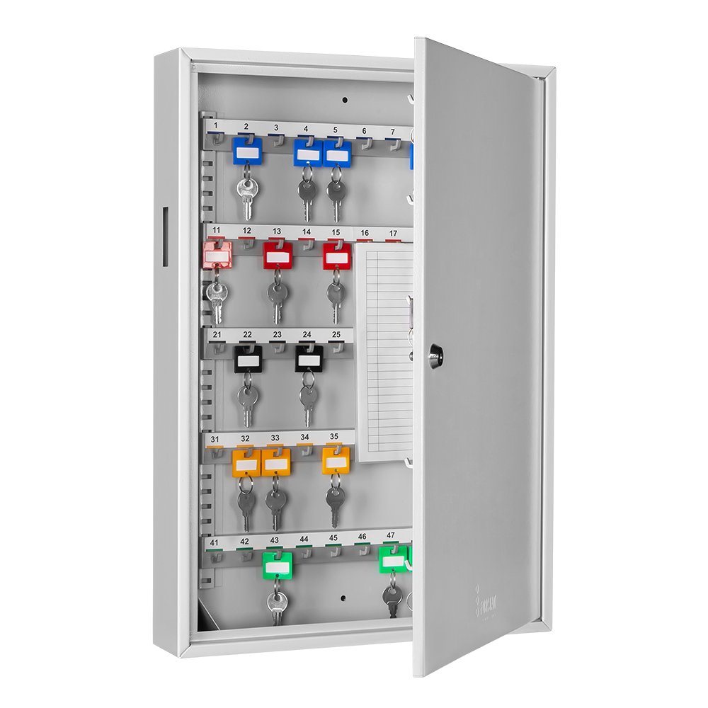 Format S 100 mit Einwurfschacht in RAL 7035, lichtgrau / 45° geöffnet / mit Dekoration