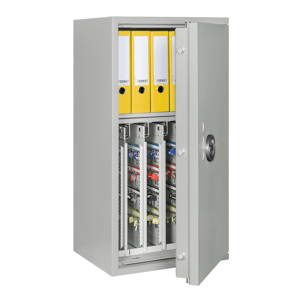 Format STL 400 Kombi in RAL 7035, lichtgrau / 45° Grad geöffnet / mit Dekoration