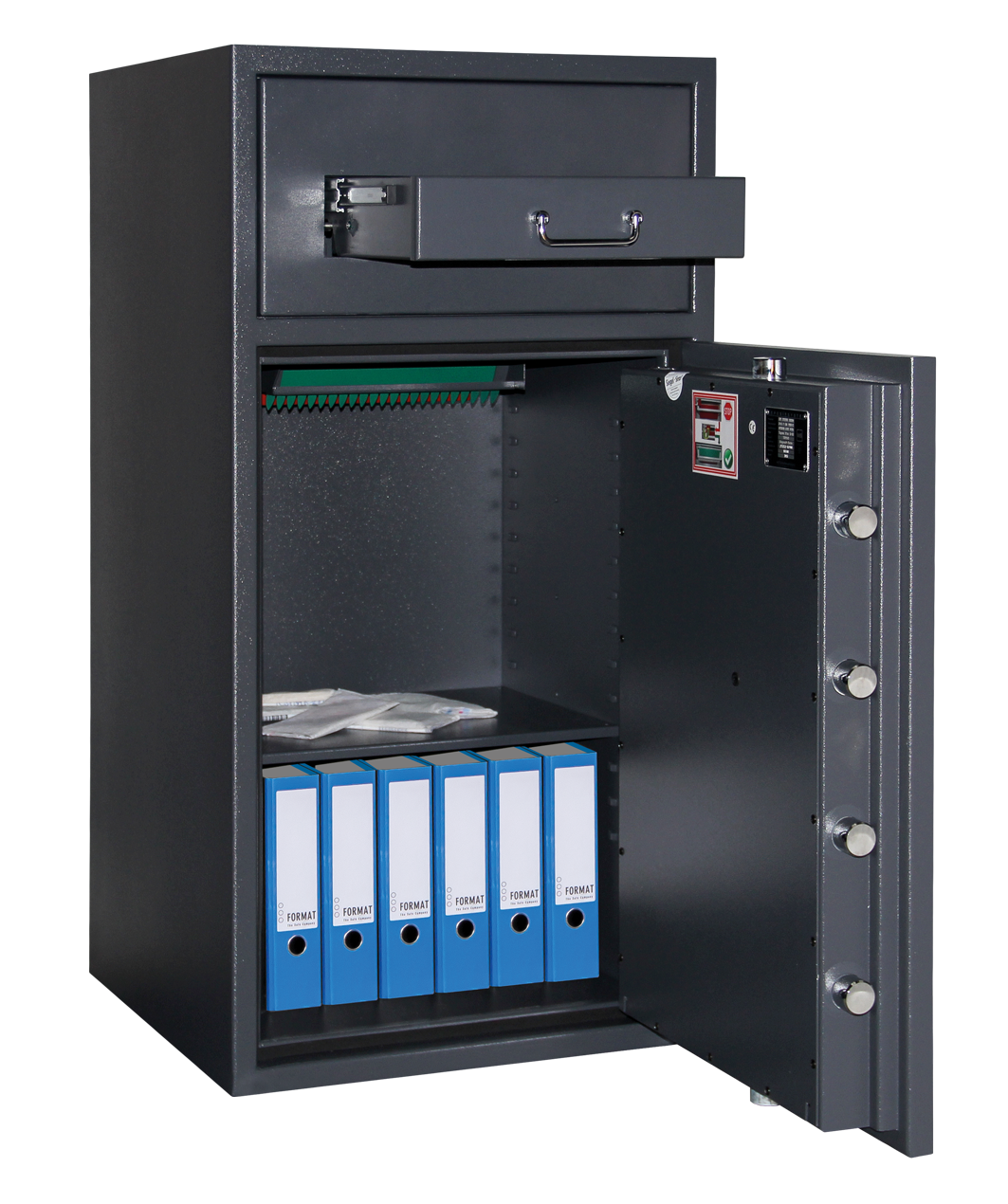 Format TOPAS Pro D-II / 230 Frontload in RAL 7024, graphitgrau, 90° Grad geöffnet mit Dekoration