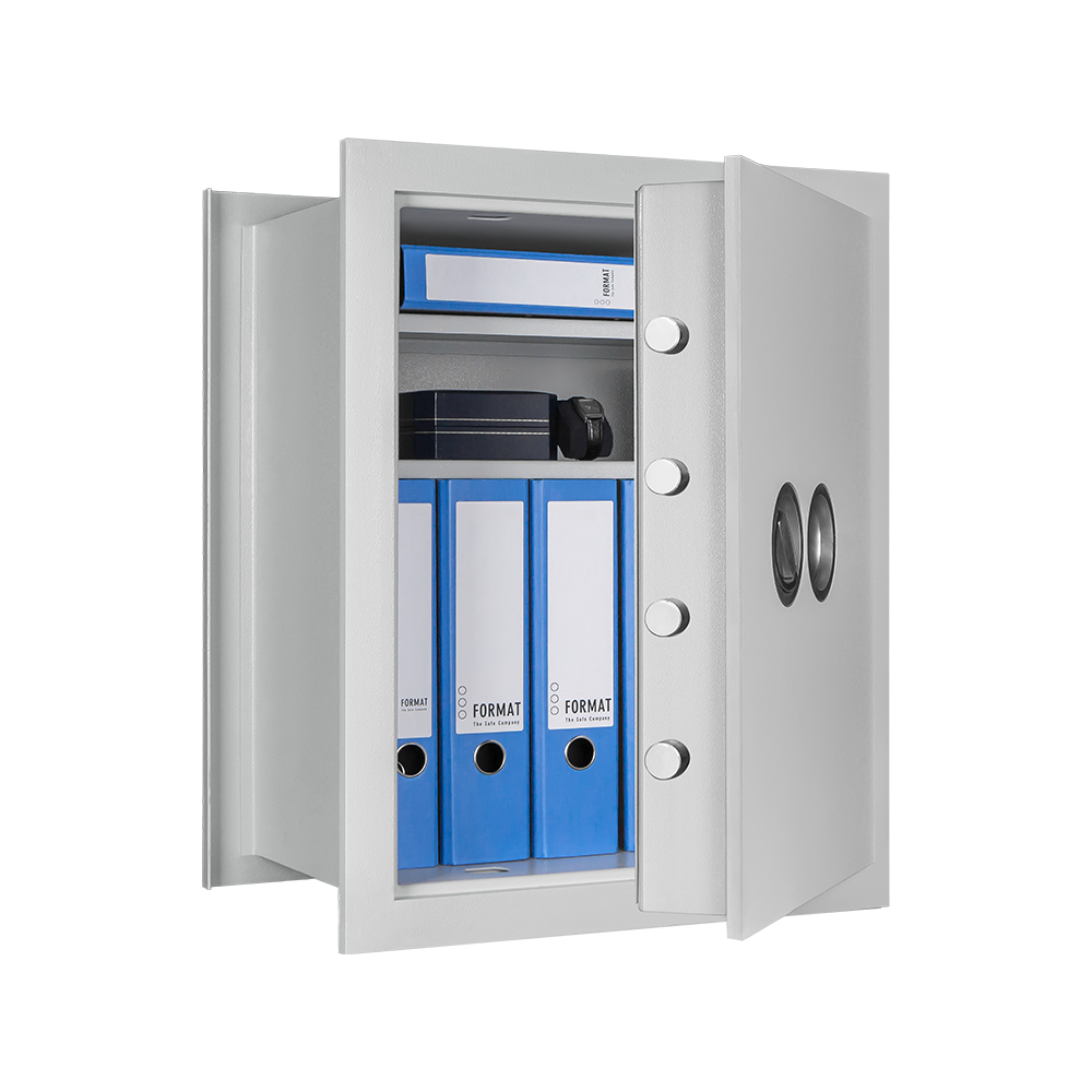 Format WEGA 50-380 in RAL 7035, lichtgrau / 45° Grad geöffnet / mit Dekoration