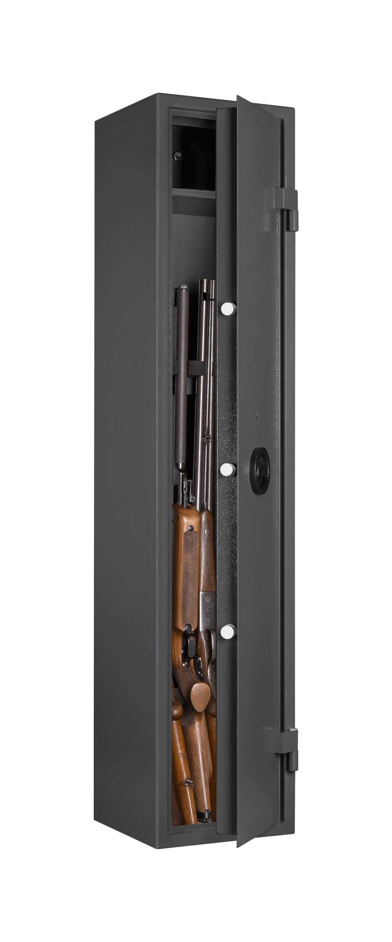 Format WF 145-5 in RAL 7024, graphitgrau / 45° Grad geöffnet / mit Dekoration