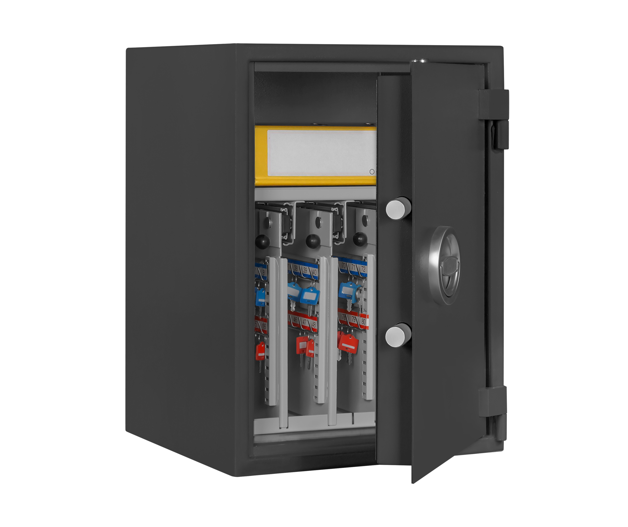 Format STM 3-128 Kombi in RAL 7024, graphitgrau / 45° Grad geöffnet / mit Dekoration